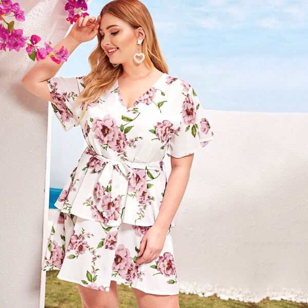 

Plus Large Floral Print Layer Ruffle Belted Dress