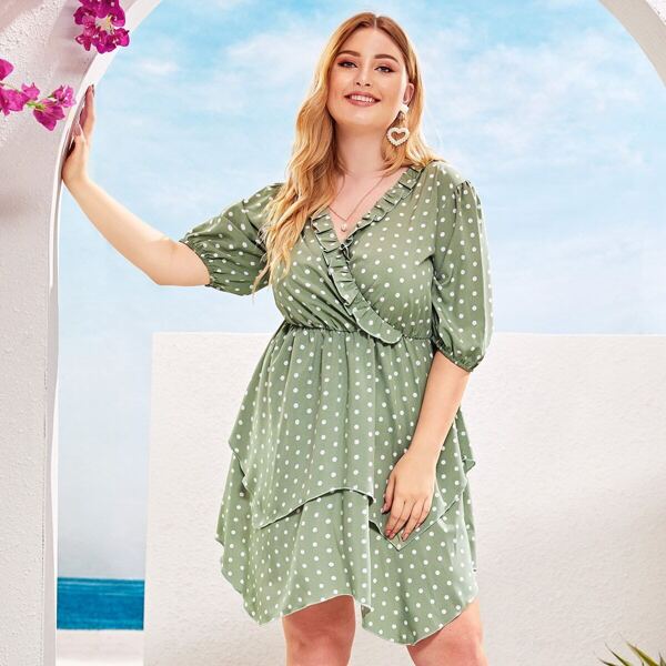 

Plus Surplice Polka Dot Ruffle Trim Tiered Layer Dress, Green
