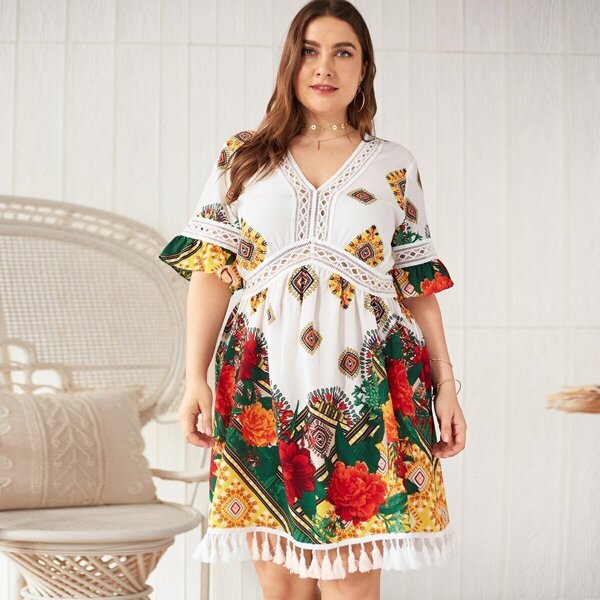 

Plus Tribal Print Crochet Panel Fringe Hem Dress