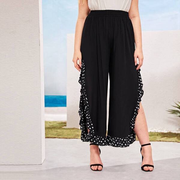 

Plus Elastic Waist Polka Dot Panel Slit Pants