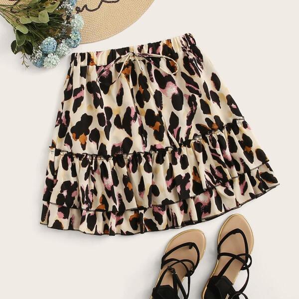 

Leopard Drawstring Waist Layer Ruffle Skirt, Multicolor