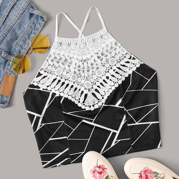

Geo Print Lace Panel Criss Cross Cami Top