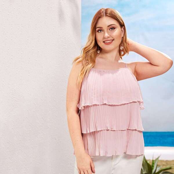 

Plus Pleated Tiered Layer Cami Top, Pink
