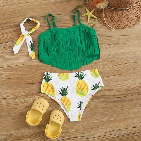 

Girls Fringe Top With Pineapple Print Bikini Set, Green