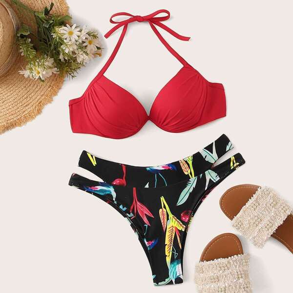 

Halter Top With Cut Out Tropical Bikini Set