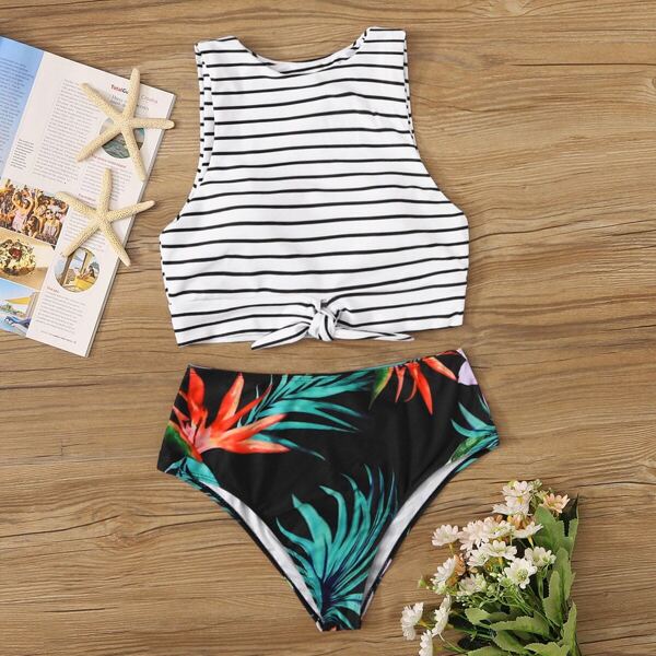 

Striped Knot Front Top With Tropical Bikini Set