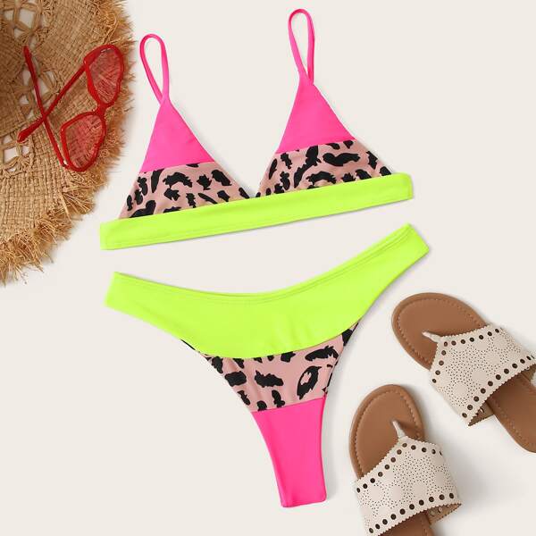 

Leopard Color-block Triangle Top With High Cut Bikini Set