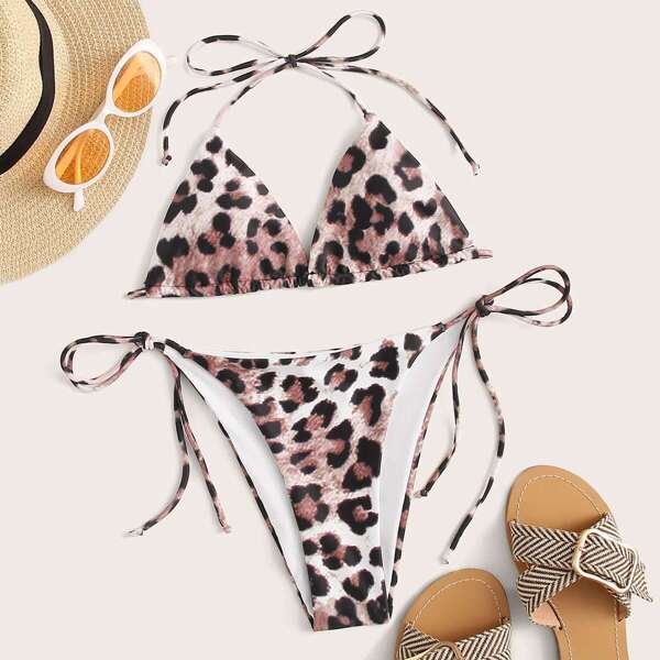 

Leopard Halter Top With Tie Side Bikini Set, Multicolor
