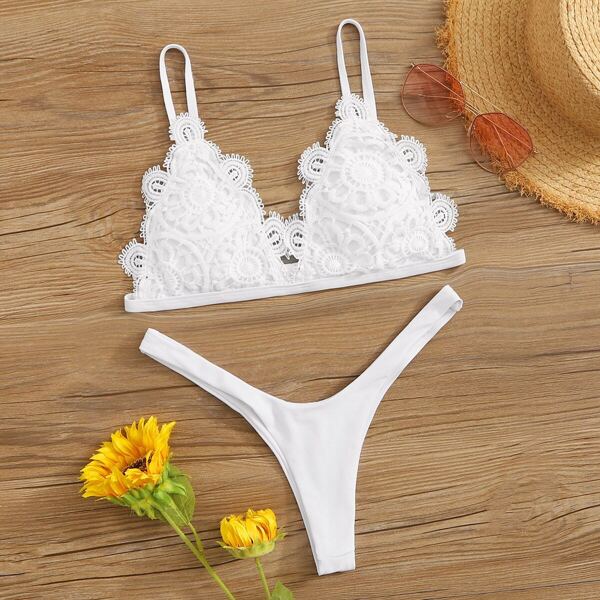 

Guipure Lace Triangle Top With High Leg Bikini Set, White