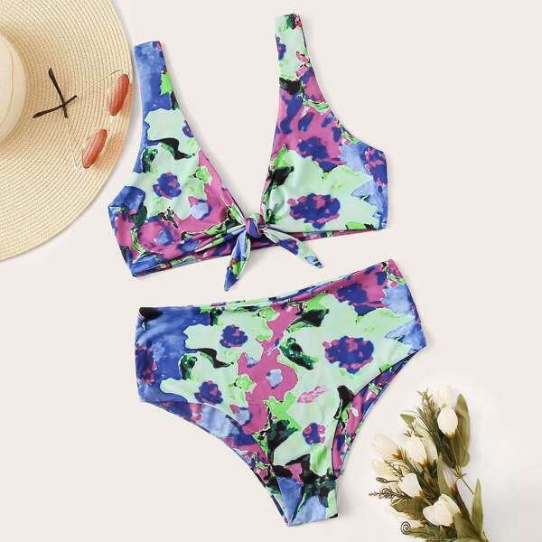 

Water Color Knot Front Bikini Set, Multicolor