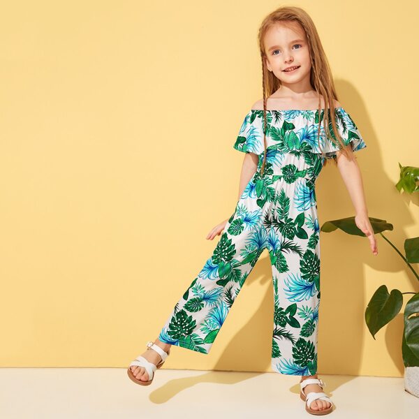 

Toddler Girls Tropical Print Ruffle Trim Jumpsuit