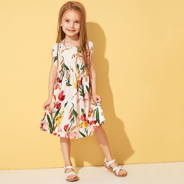 

Toddler Girls Floral Print Button Keyhole Dress