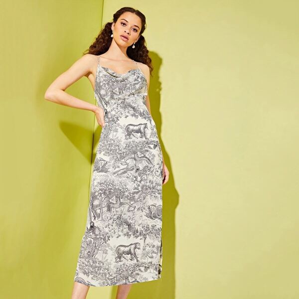 

Cowl Neck Tree Print Slip Dress