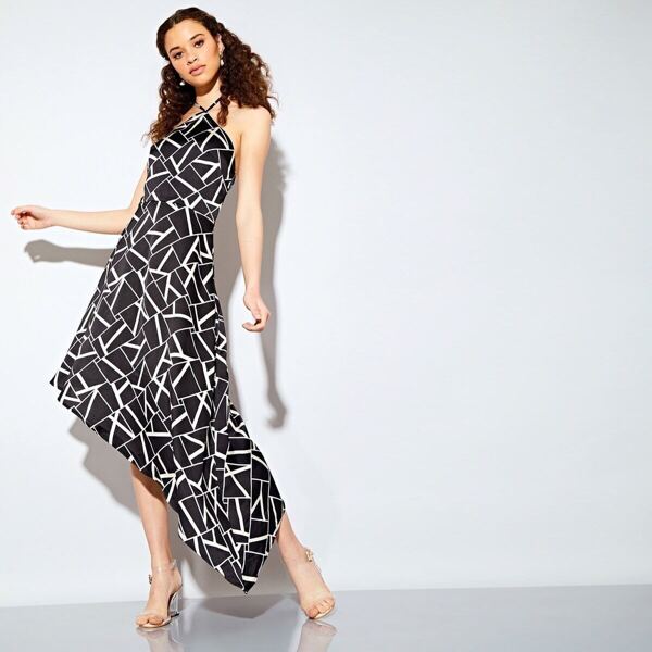 

Halter Neck Asymmetric Hem Slip Dress, Black and white