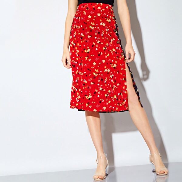 

Floral Print Button Detail Two Tone Split Skirt