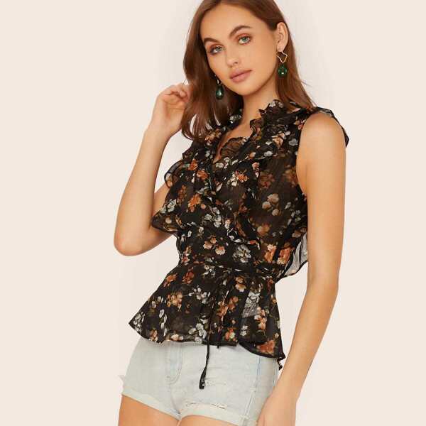 

Ruffle Trim Belted Peplum Chiffon Top