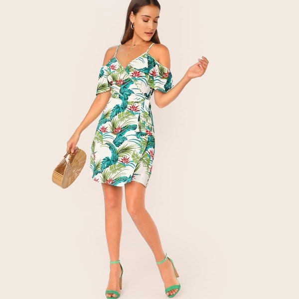 

Cold Shoulder Tropical Print Self Tie Wrap Dress