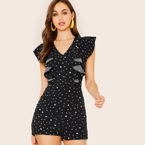 

V-neck Exaggerated Ruffle Dalmatian Print Romper, Black