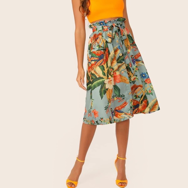 

Tropical Print Button Front Paperbag Waist Belted Skirt, Multicolor