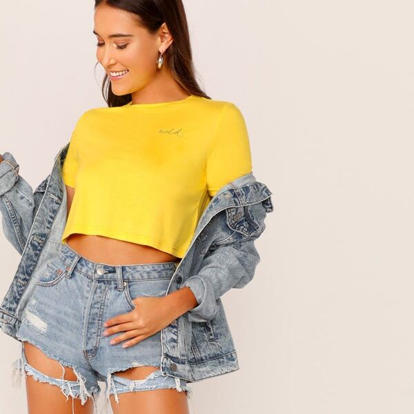 

Letter Print Crop Top, Yellow bright