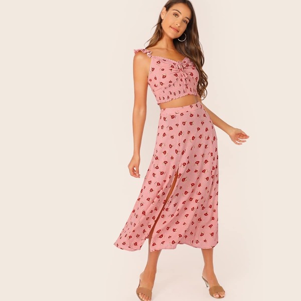 

Drawstring Ruched Front Shirred Crop Top & Split Thigh Skirt Set, Pink pastel