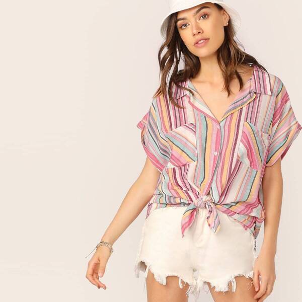 

Colorful Striped Button Fly Collar Blouse