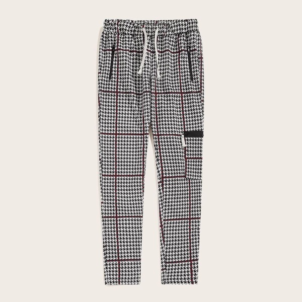 

Men Houndstooth Print Zipper Drawstring Detail Pants