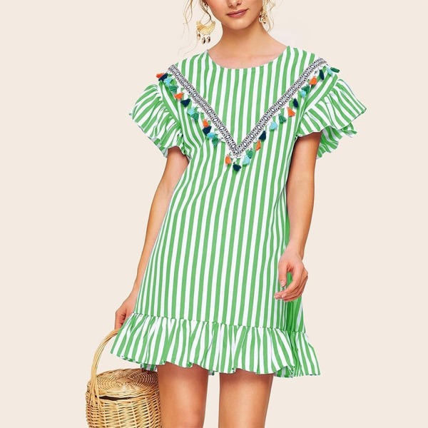 

Fringe Detail Striped Ruffle Hem Dress, Multicolor