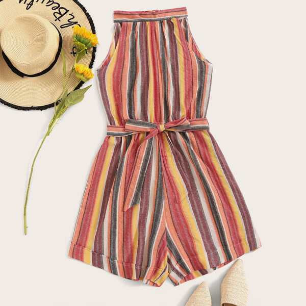 

Rainbow Striped Rolled Hem Belted Romper