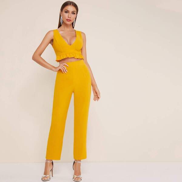 

Ruffle Hem Solid Crop Top & Pants, Yellow