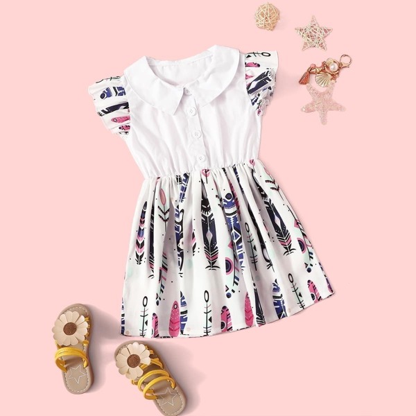

Toddler Girls Feather Print Peter Pan Collar A-line Dress