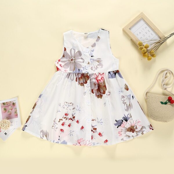 

Toddler Girls Large Floral Print Button Through A-line Dress, White