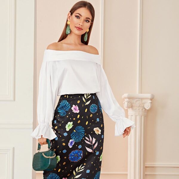 Off-shoulder Ruffle Sleeve Blouse, White