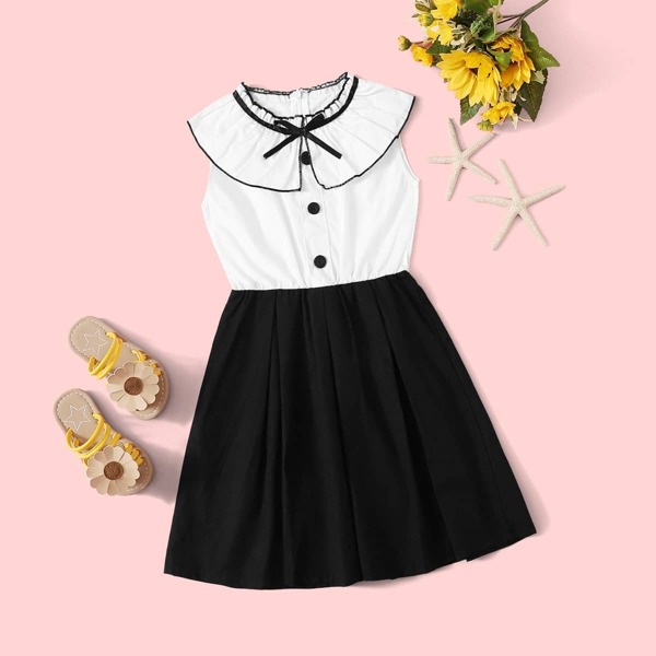 

Toddler Girls Ruffle Trim Half Button Combo A-line Dress