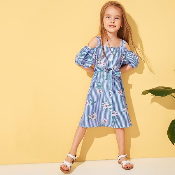 

Toddler Girls Stripe & Floral Print Open Shoulder Cami Dress