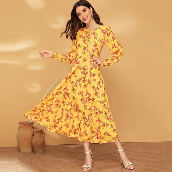 

Allover Floral Knot Front Ruffle Hem Dress