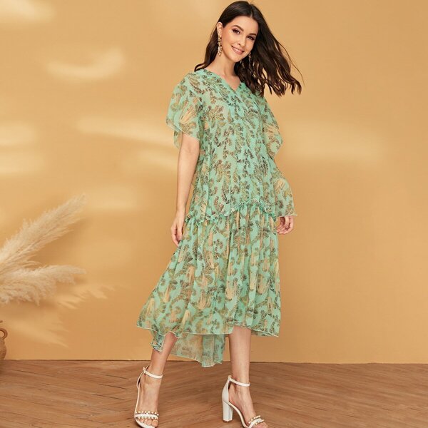 

Plant Print Chiffon Dress, Green