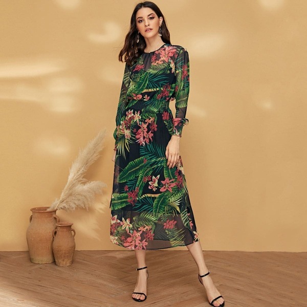 

Plant Print Chiffon Dress With Cami