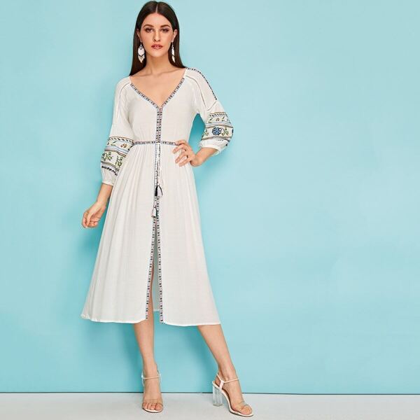 

Drawstring Flower Embroidered Dress