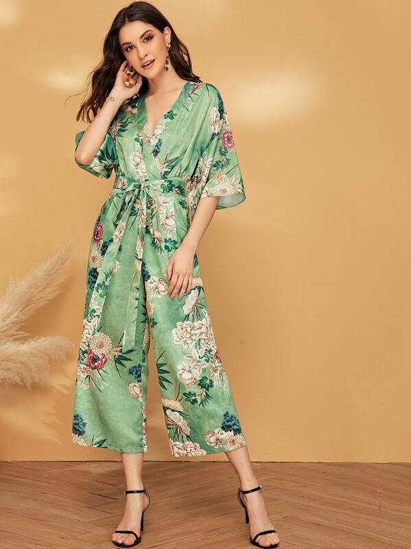 

Floral Tie Waist Wide Leg Jumpsuit, Green, Vikie