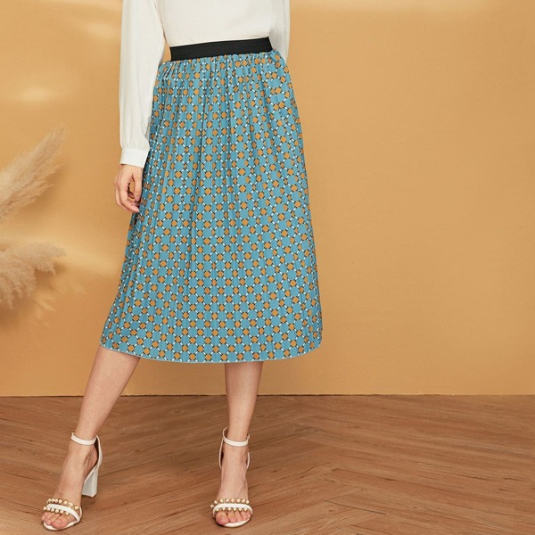 

Circle Print Pleated Skirt, Blue