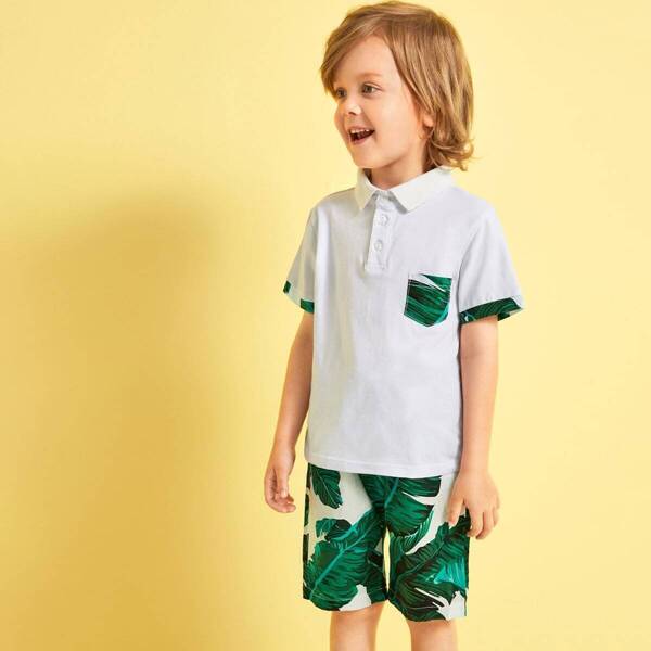 

Toddler Boys Contrast Trim Polo Shirt With Tropical Print Shorts, Multicolor