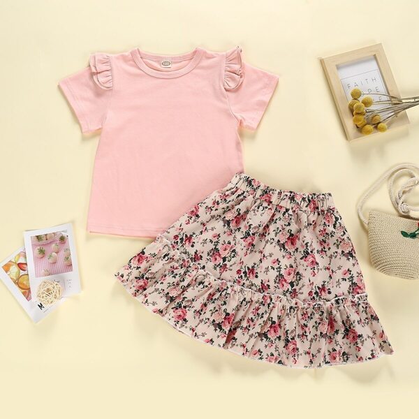 

Toddler Girls Frill Trim Tee With Ditsy Floral Ruffle Hem Skirt