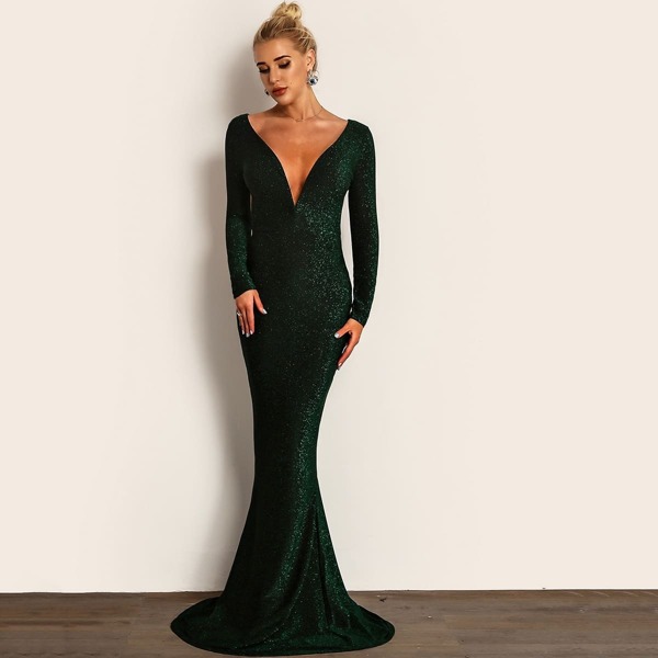 

Plunge Neck Backless Glitter Bodycon Maxi Dress, Dark green