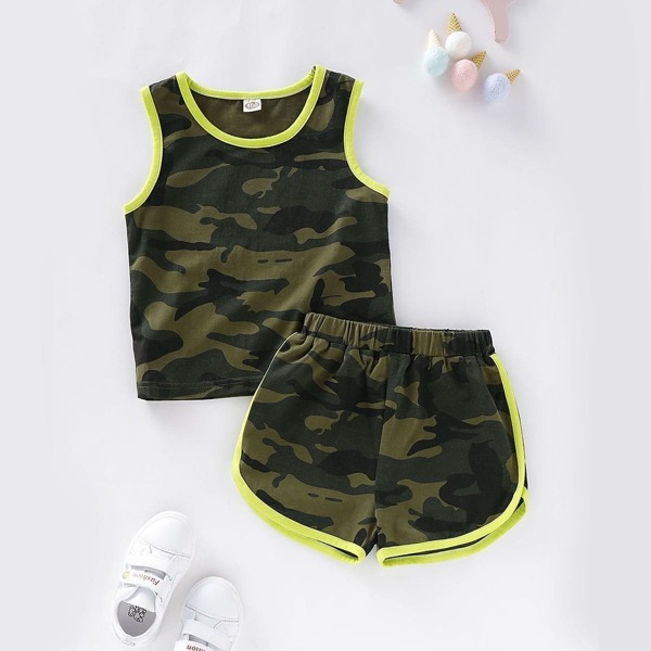 

Toddler Girls Camo Pattern Contrast Binding Tank Top With Track Shorts
