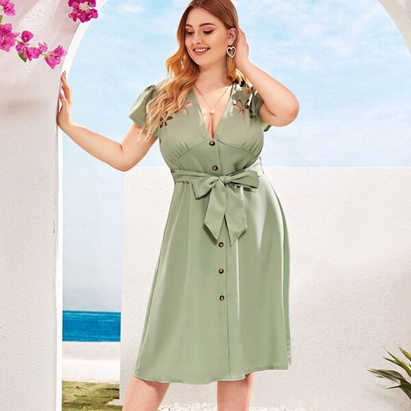 

Plus Cut-out Belted Bustier Tea Dress, Green pastel