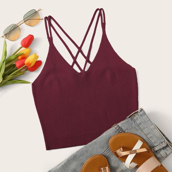 

Solid Rib-knit Criss-cross Crop Top