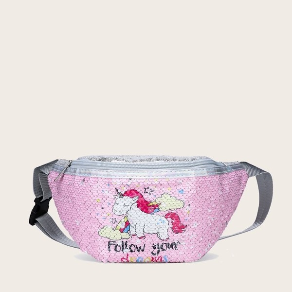 

Girls Unicorn Print Sequins Decor Bum Bag, Multicolor