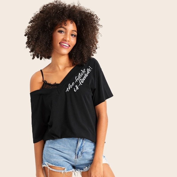 

Open Shoulder Contrast Lace Letter Print Tee, Black