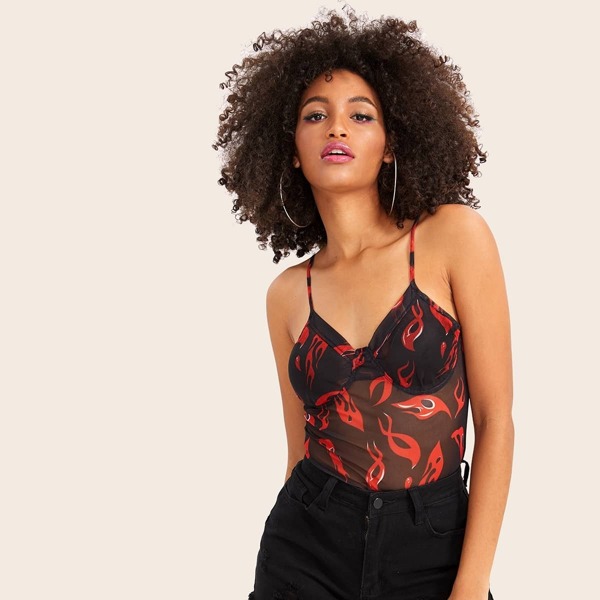 

Fire Print Mesh Sheer Cami Top